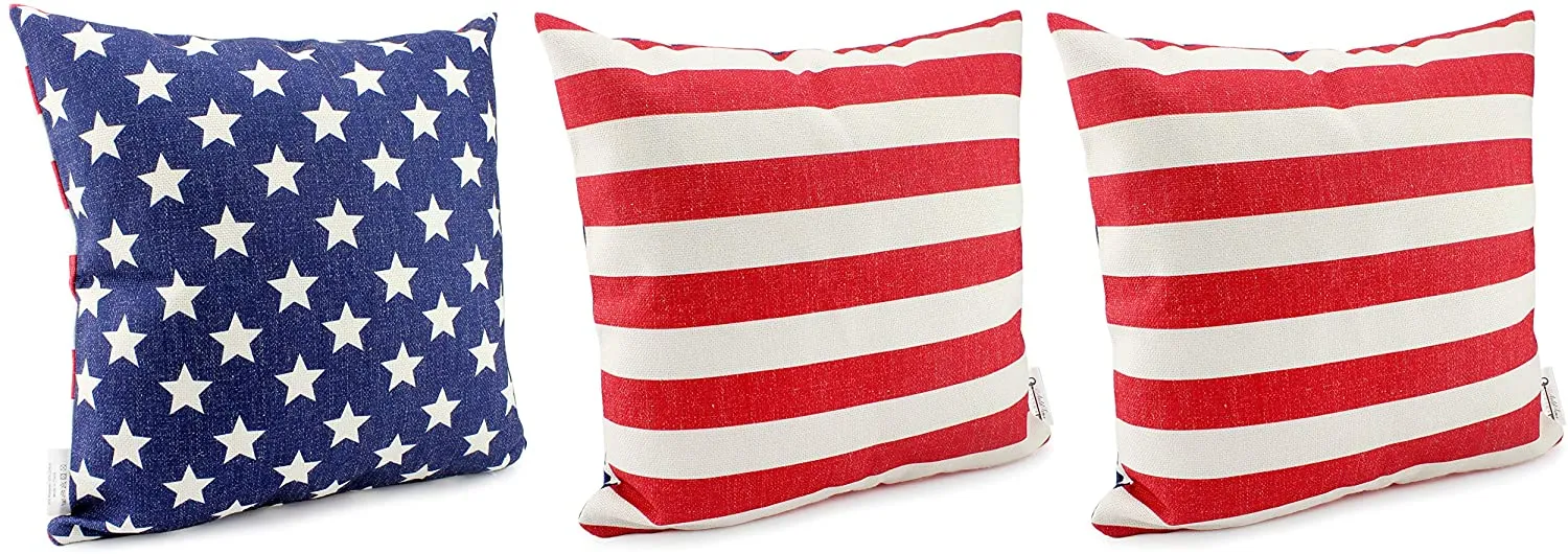 American Flag Pillow Covers (Set of 3, 16 x 16 Inch)