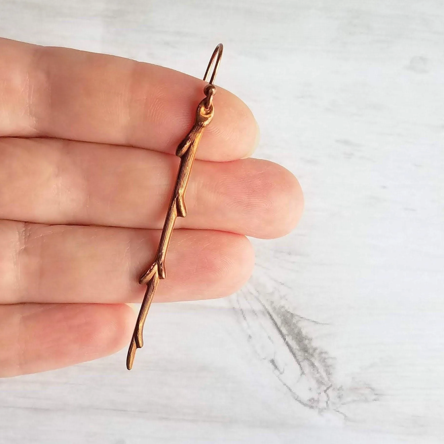 Copper Stick Earrings - long thin straight tree branch charm dangles on antique/oxidized finish hooks, handmade fall nature jewelry gift