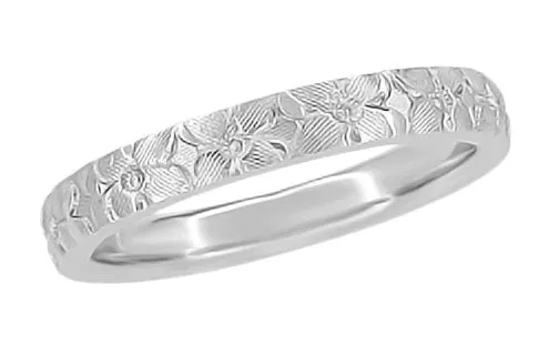 Hibiscus Flowers Engraved Wedding Ring in White Gold - 3mm Wide