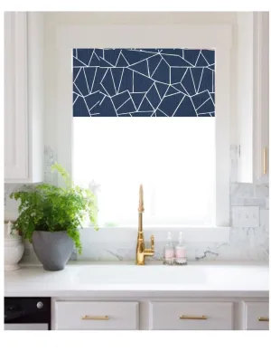 Straight Modern Valance Custom Made in Geometric Cut Glass Print, Navy, Black, Grey and White on Cotton Slub Canvas, Fully Lined