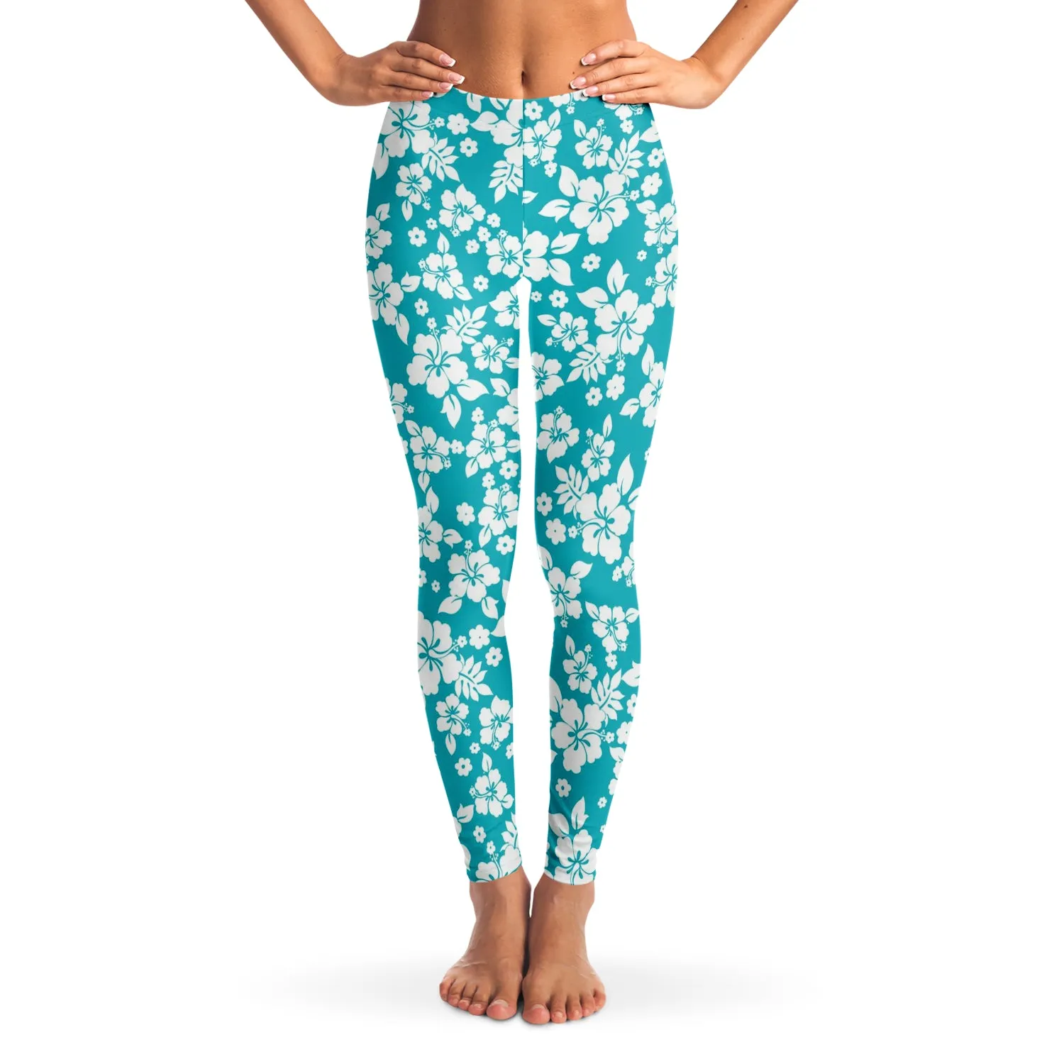 Teal and White Hibiscus Flower Hawaiian Pattern Leggings XS - XL