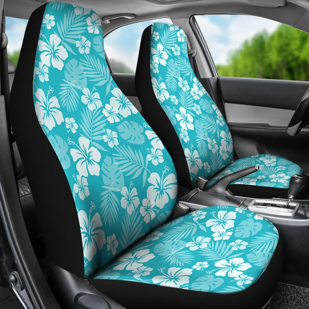 Teal Blue Hibiscus Car Seat Covers With White Flower and Leaves Pattern Hawaiian